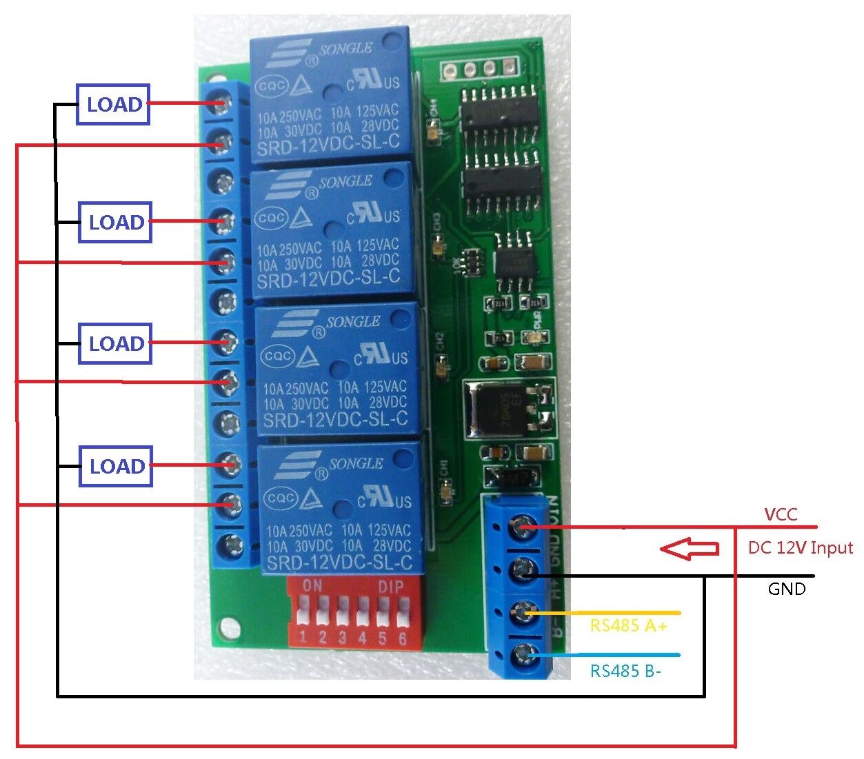 4CH 12V Modbus RTU PC UART RS485 Relay Board for PLC Lamp LED PTZ Camera Control