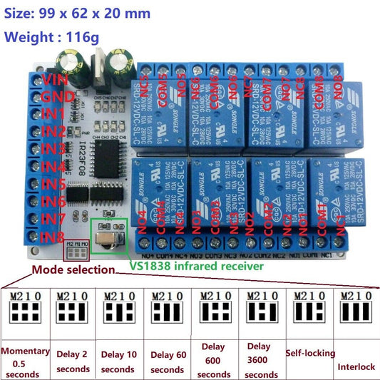 IR23F08 DC 5V 12V 8ch IR infrared control Switch Timer Delay Self-locking Latch Relay
