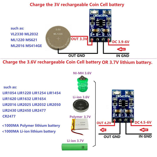 CB06CRMA Coin Cell 3V 3.6V Rechargeable lithium Charge Module 3.3V 4.2V Li-ion