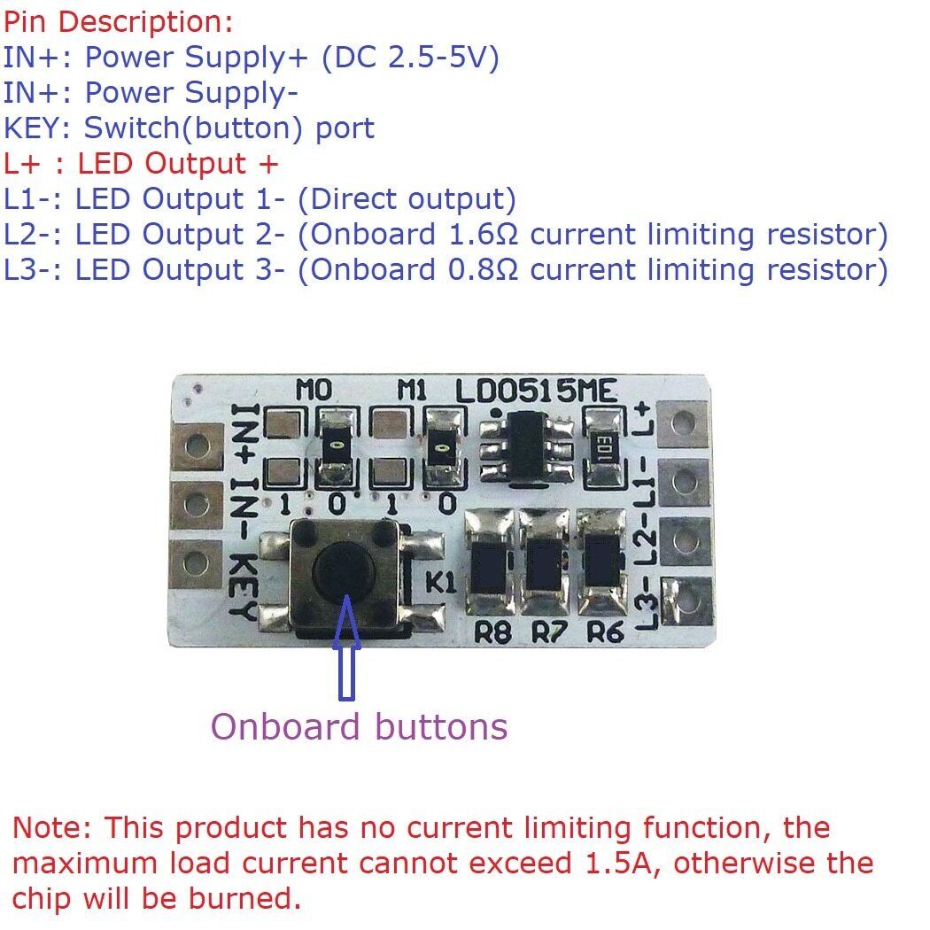 LD0515ME DC5V 1.2A Adjusted LED Driver Current ON OFF Trigger Flashlight SOS 3.7V Lithium