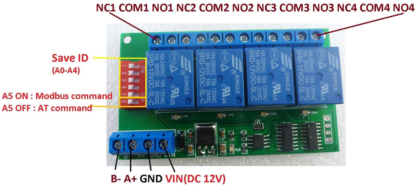 4CH 12V Modbus RTU PC UART RS485 Relay Board for PLC Lamp LED PTZ Camera Control