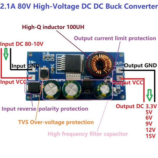 DD7818TA 2.1A HV DC-DC Converter Buck Module EBike 8-80V 48V 64V to 3.3V 5V 6V 9V 12V 15V