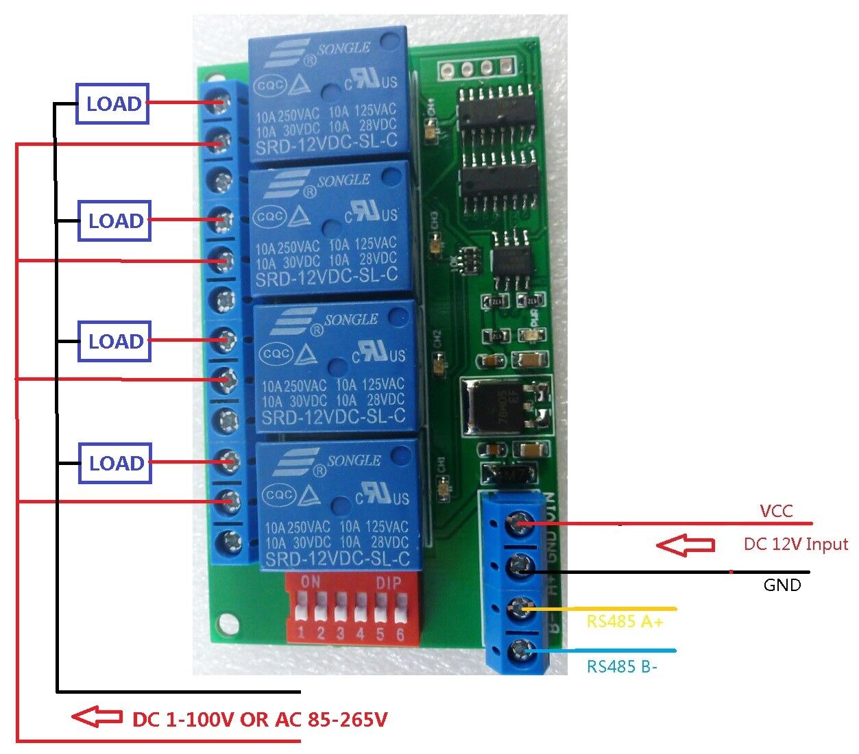 4CH 12V Modbus RTU PC UART RS485 Relay Board for PLC Lamp LED PTZ Camera Control