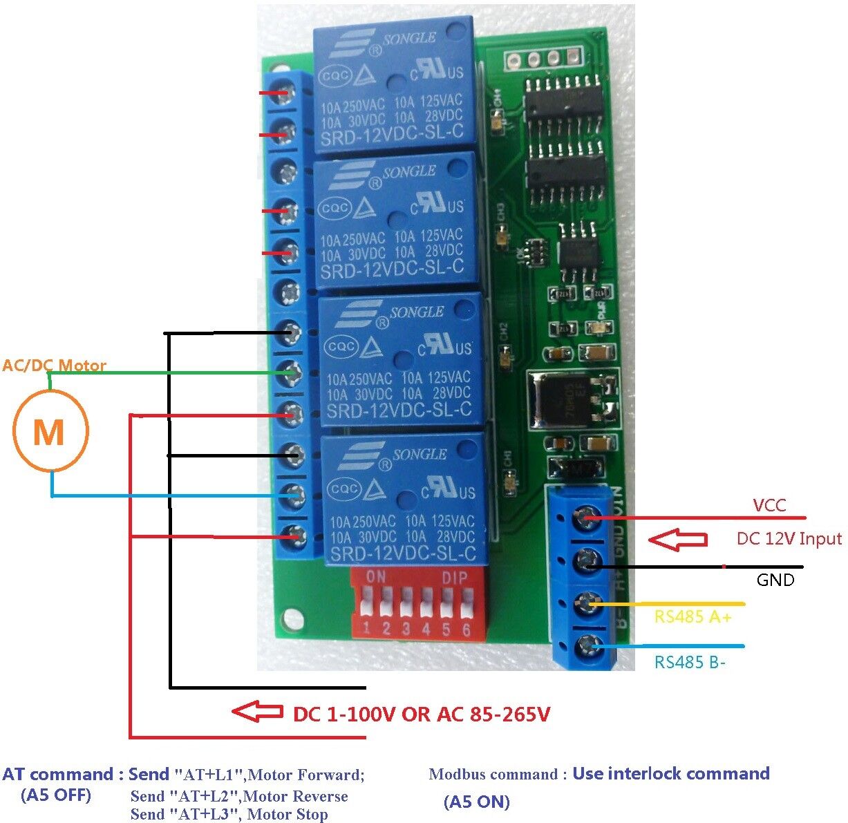 4CH 12V Modbus RTU PC UART RS485 Relay Board for PLC Lamp LED PTZ Camera Control