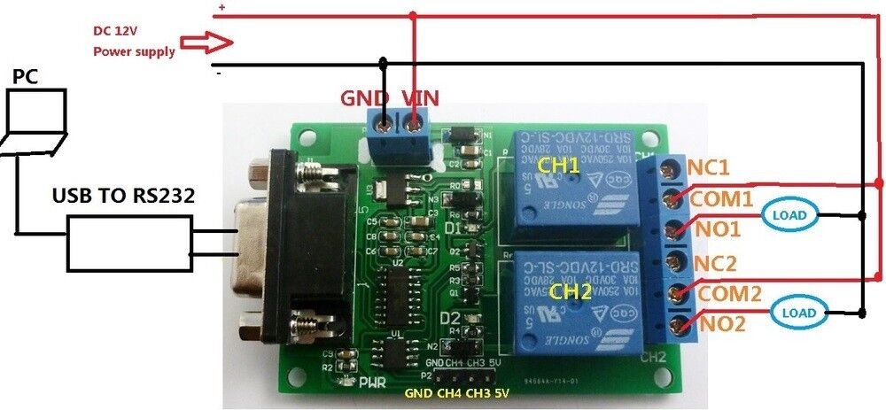 TB351 YC065 4Ch PC RS232 Relay Board UART COM Serial Ports Control Intelligent switch motor
