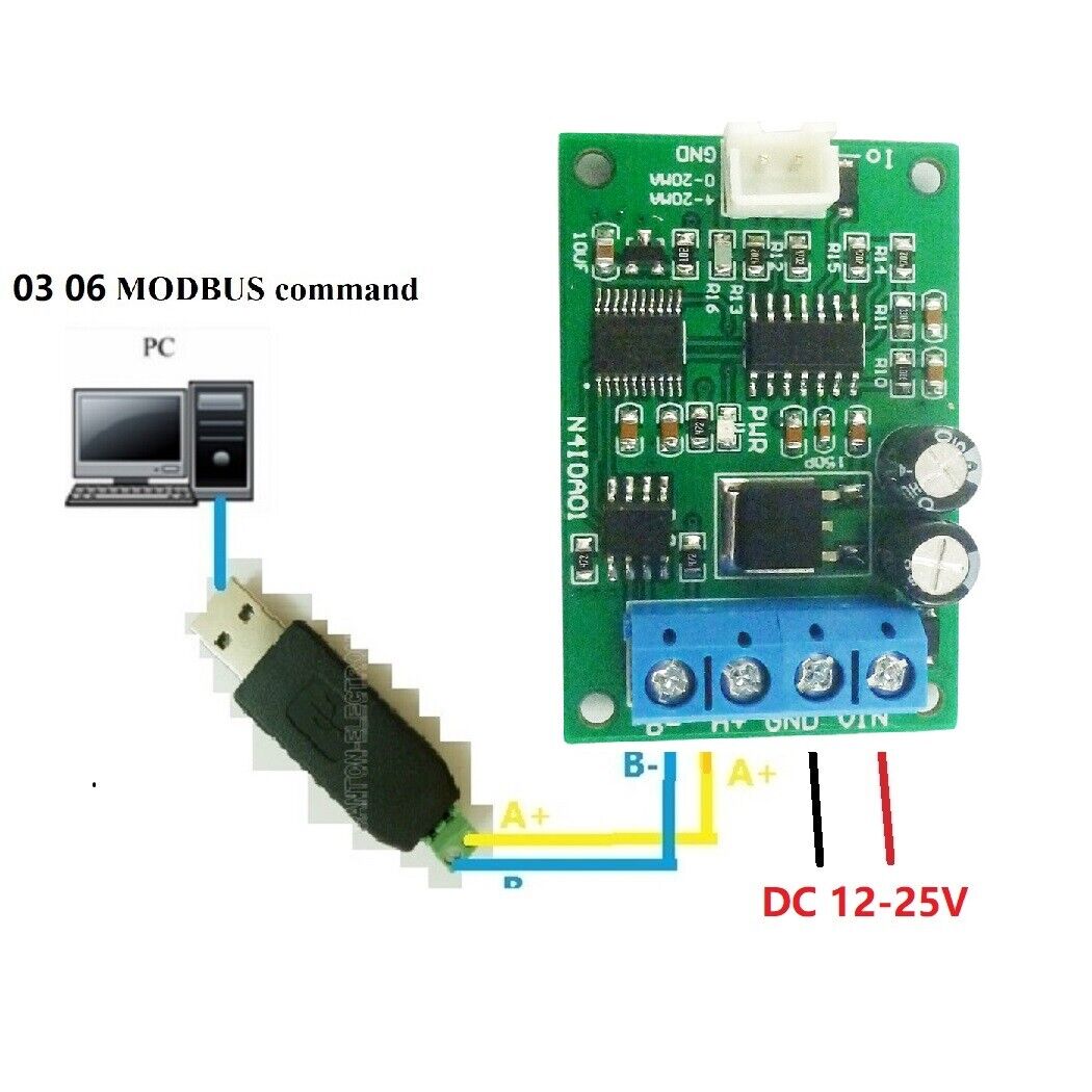 N4IOA01 DC 12V RS485 to 4-20MA 0-20MA Current Signal Generator DAC Converter Modbus RTU