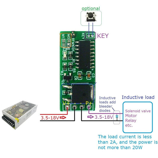 RFM1C01 Energy Saving RF Wireless Remote Control Switch MOS for 3.5-18V 2A 20W Load LED