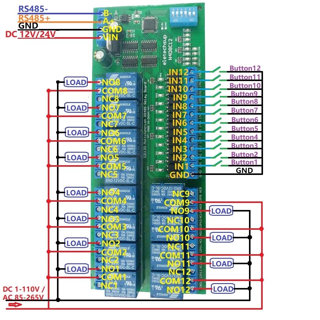 N4D8C12 12ch Digital IO UART RS485 Relay Module Modbus RTU DIN35 C45 Rail Box PLC PTZ