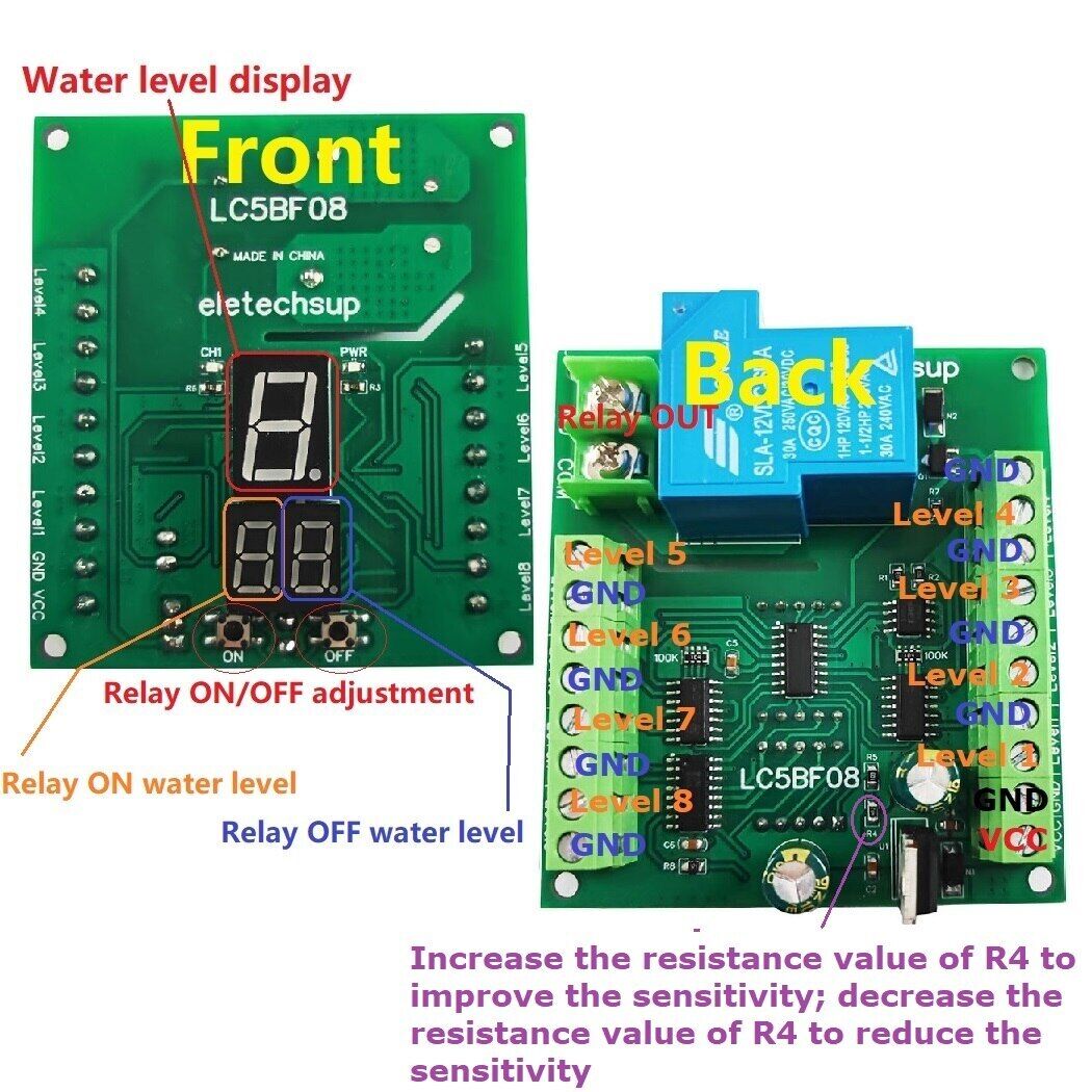 LC5BF08 DC 12V 8 Digital Water Level Indicator Liquid Sensor Automatic Water Supply