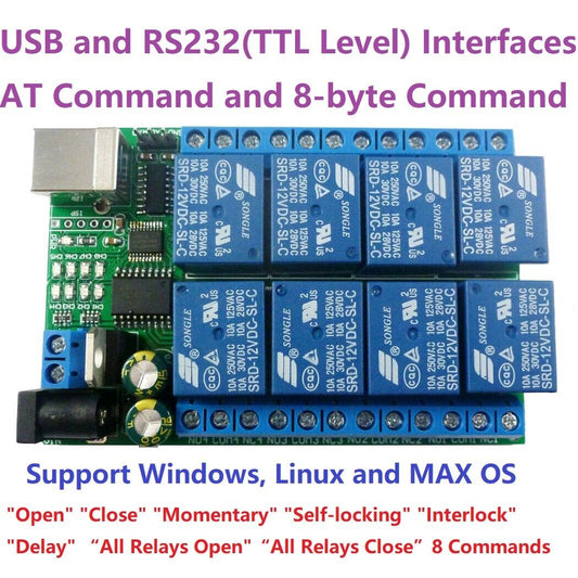 UD23A08 USB TTL232 UART PC MCU COM Relay CH340 WIN10 Linux MAC 8ch DC 5V 12V 24V
