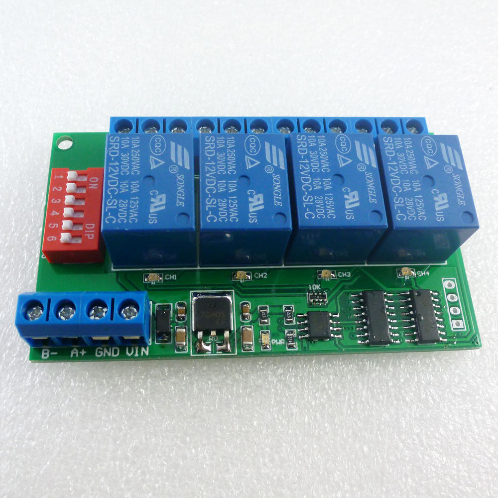4CH 12V Modbus RTU PC UART RS485 Relay Board for PLC Lamp LED PTZ Camera Control