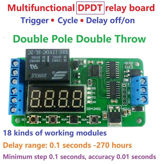 DR42A01 DC 12V DPDT Relay Cycle Timer Module Delay Time Polarity Audio Motor switching