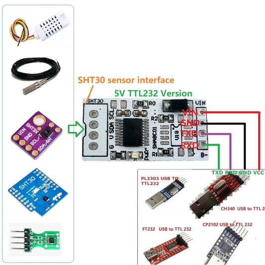 SHA8C01 -40-125Celsius 0-100%RH SHT30 SHT3X RS485 TTL232 Modbus Rtu Digital Temperature and Humidity Sensor Module