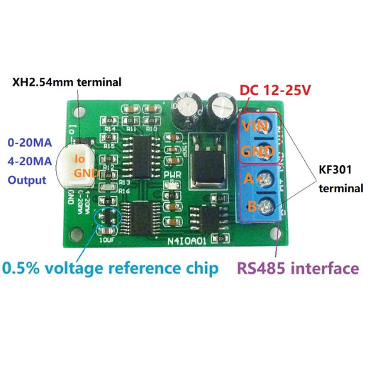 N4IOA01 DC 12V RS485 to 4-20MA 0-20MA Current Signal Generator DAC Converter Module Modbus RTU for PLC Measuring Instruments