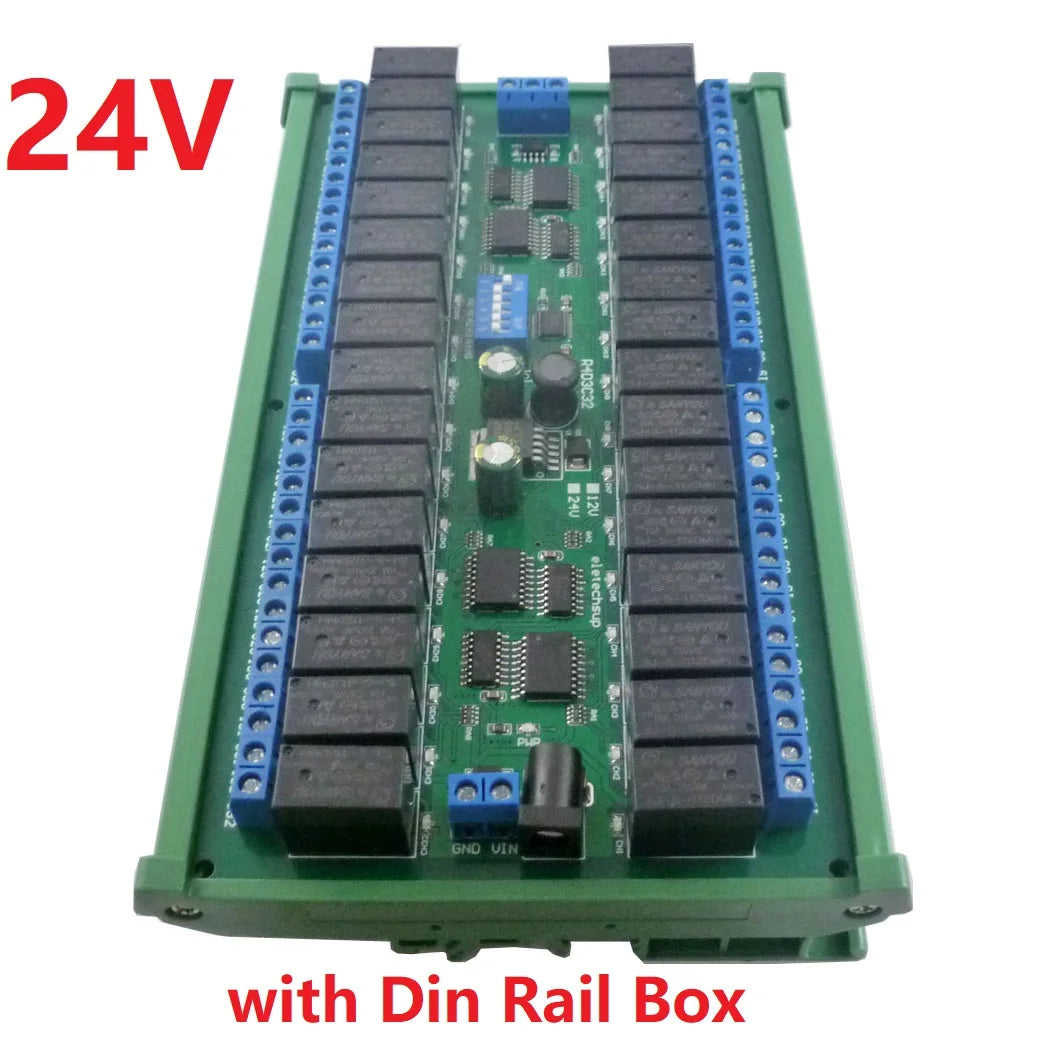 R421C32 DC 12V 24V 32ch Modbus RTU RS485 Relay Switch Board UART Serial port Module DIN Rail Box PLC expanding board