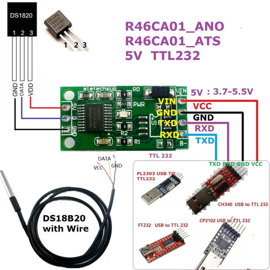 R46CA01 DS18B20 RS485 RS232 TTL Com UART Temperature Acquisition Sensor Modbus RTU for Arduiuo PC PLC MCU