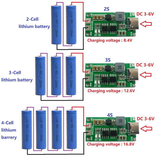 DDTCCRUB Multi-Cell 2S 3S 4S Type-C To 8.4V 12.6V 16.8V Step-Up Boost LiPo Polymer Li-Ion Charger 7.4V 11.1V 14.8V 18650 Lithium Battery