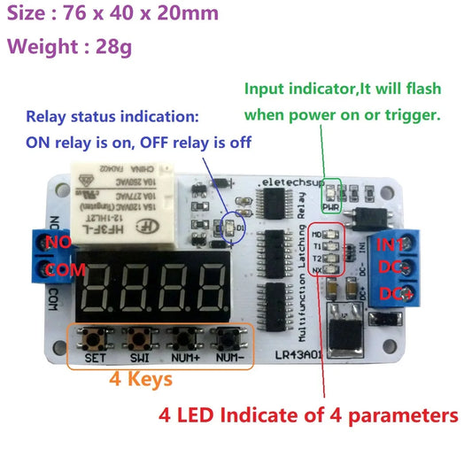 LR43A01 DC 12V Multi-function Magnetic Latching(keep) Impulse Relay Delay Time Switch Module for UPS Battery Motor LED IP Camera
