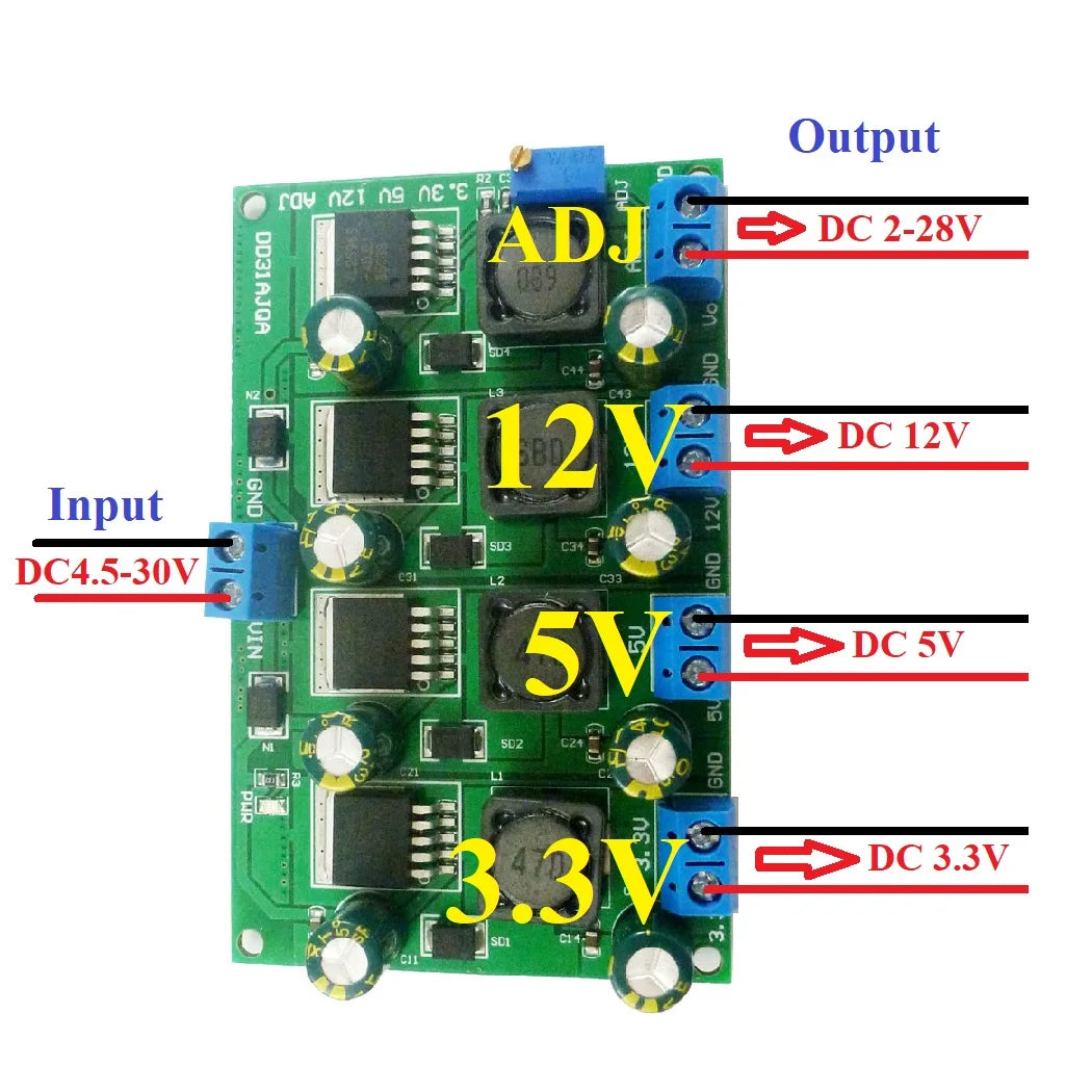 DD31AJQA 3A 4 Channels Multiple Switching Power Supply Module 3.3V 5V 12V ADJ Adjustable Output DC DC Step-Down Buck Converter Board