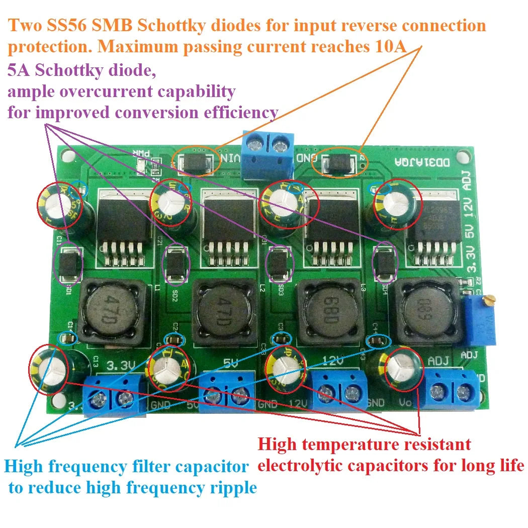 DD31AJQA 3A 4 Channels Multiple Switching Power Supply Module 3.3V 5V 12V ADJ Adjustable Output DC DC Step-Down Buck Converter Board