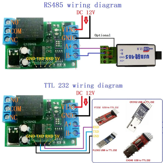 R428A01 2 in 1 RS485 & RS232(TTL) AT & Modbus RTU Relay Switch Board PC USB COM UART Serial port 1 Channel 12VDC Module