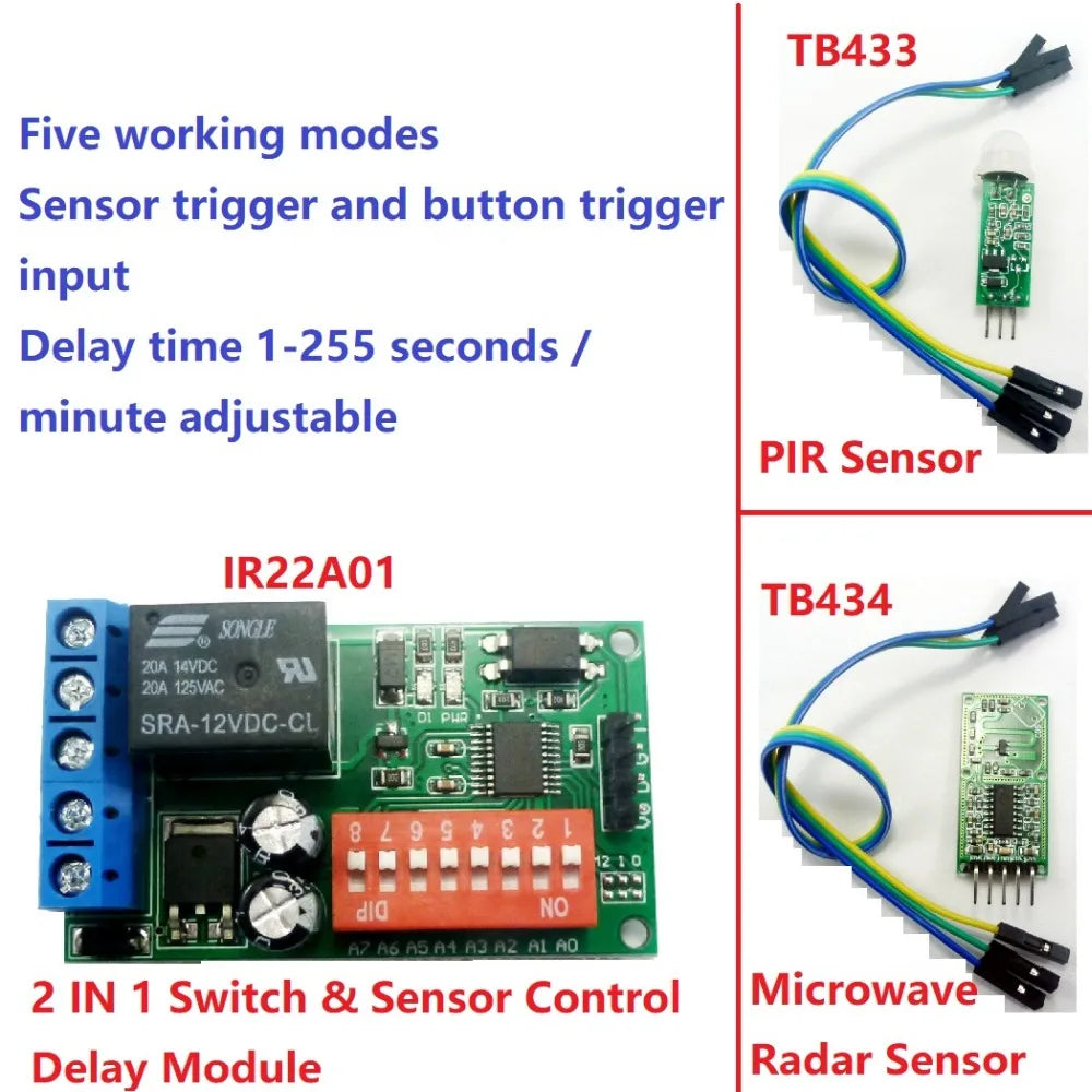 IR22A01 DC 12V Self-lock Relay PLC Cycle Timer Module Delay Time Switch for PIR Microwave radar Infrared Vibration Touch sensor