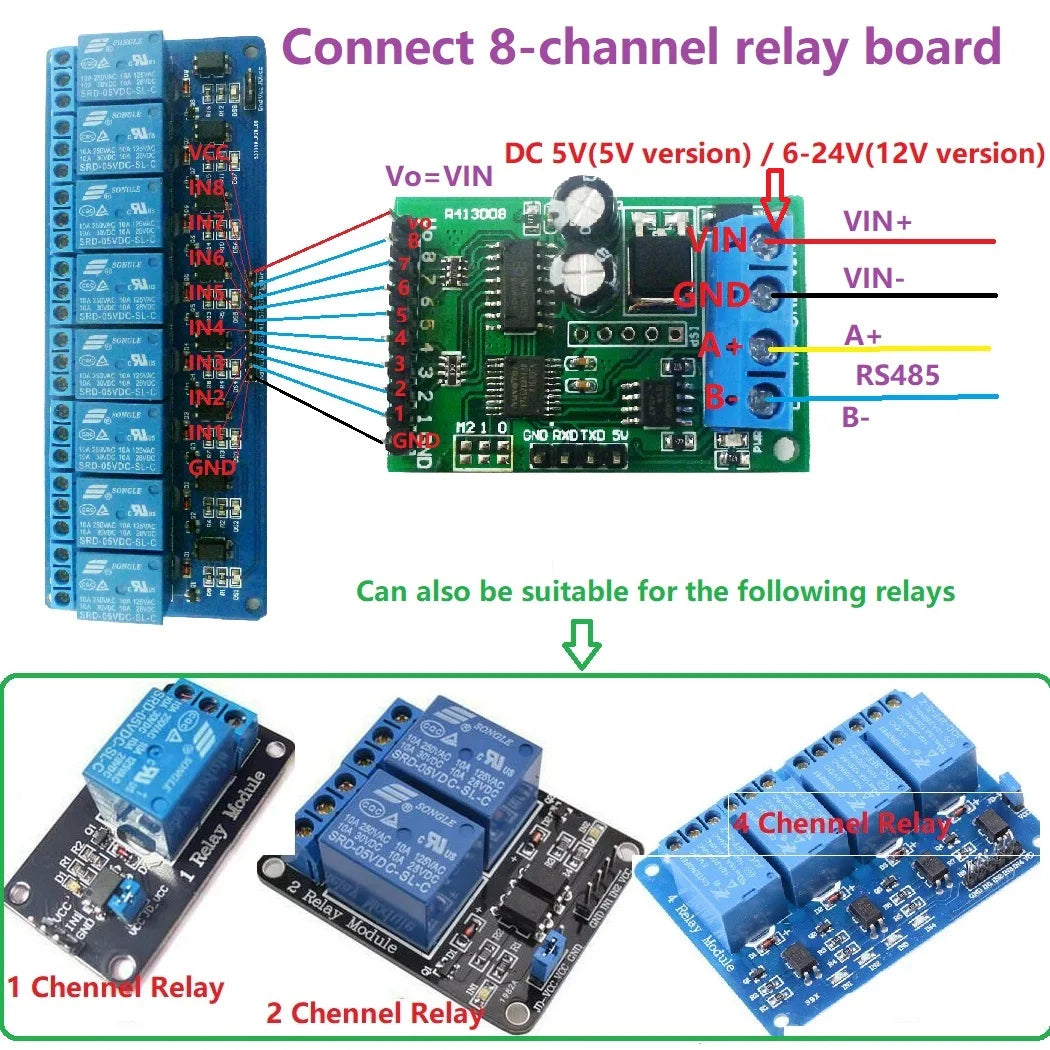 R413D08 8CH DC 5V 12V 24V RS485 RS232 (TTL) Modbus RTU Control Module UART for Relay Switch Board PLC