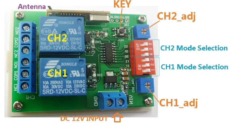 CE029A 433M DC 12V 2 Channel Multifunction Wireless Controller Timer Delay Relay Learning code for EV1527 PT2262 ASK OOK Remote control