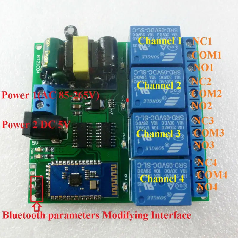 BT21C04 AC 110V 120V DC 5V 4 Channel Bluetooth-compatible Relay Switch for Android app Wireless Remote Controller