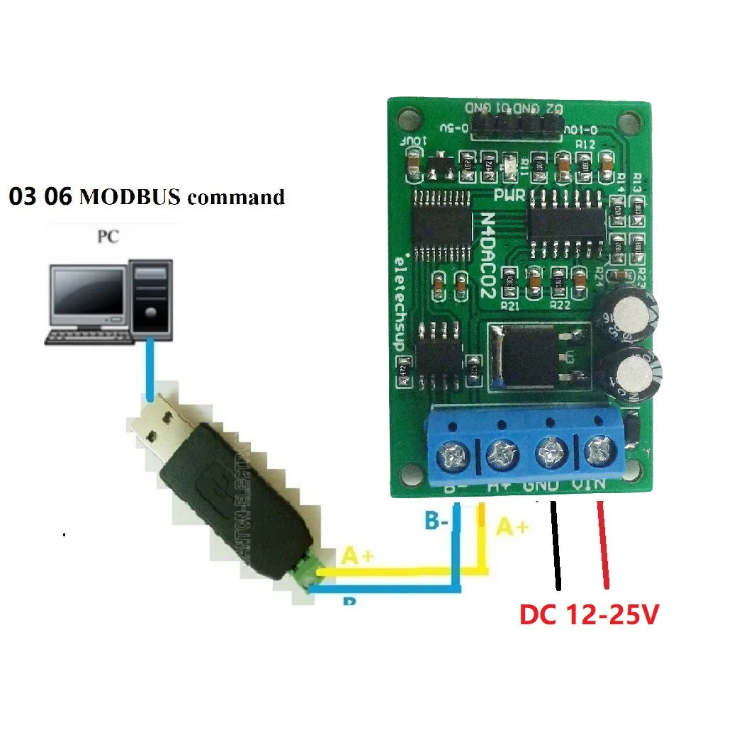 N4DAC02 DC 12V 0-5V 0-10V Voltage Signal Generator DAC Converter Module RS485 Modbus RTU for PLC Measuring Instruments