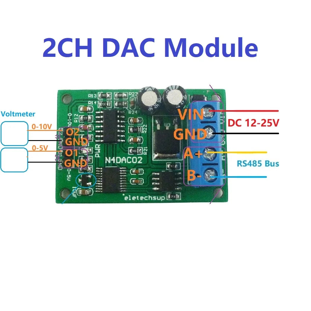 N4DAC02 DC 12V 0-5V 0-10V Voltage Signal Generator DAC Converter Module RS485 Modbus RTU for PLC Measuring Instruments