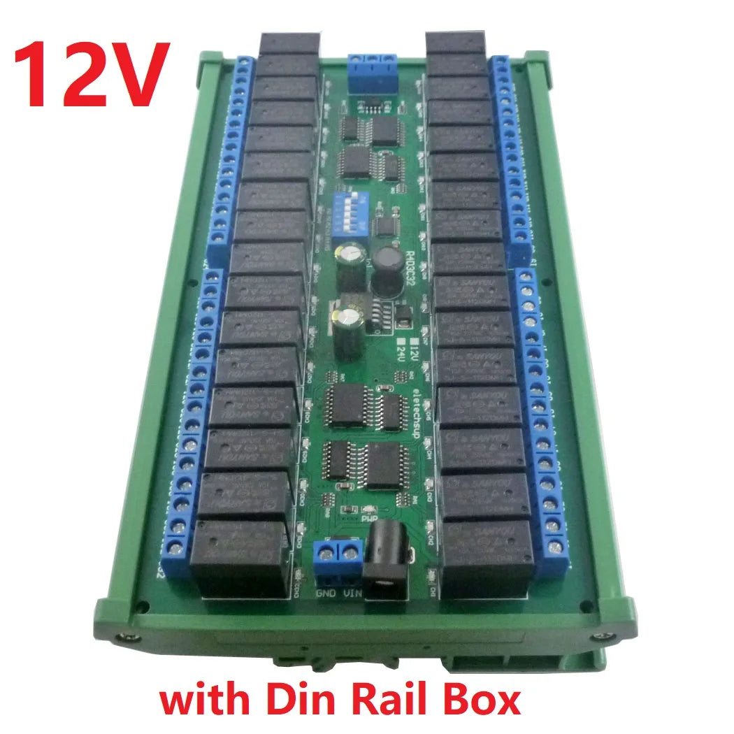 R421C32 DC 12V 24V 32ch Modbus RTU RS485 Relay Switch Board UART Serial port Module DIN Rail Box PLC expanding board