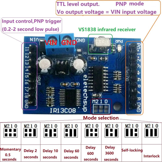 IR13C08 8CH DC 5V 12V Multi-function IR infrared remote control module Delay Self-locking VS1838 Receiver decoder for Relay Switch Board
