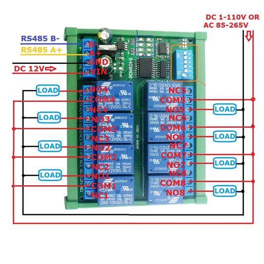 R4D8A08 DC 12V 8 Ch RS485 Relay Board Modbus RTU UART Remote Control Switch DIN35 Rail Box for PLC Automation control