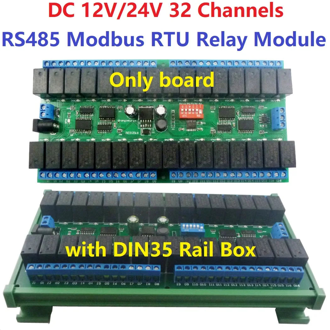 R421C32 DC 12V 24V 32ch Modbus RTU RS485 Relay Switch Board UART Serial port Module DIN Rail Box PLC expanding board