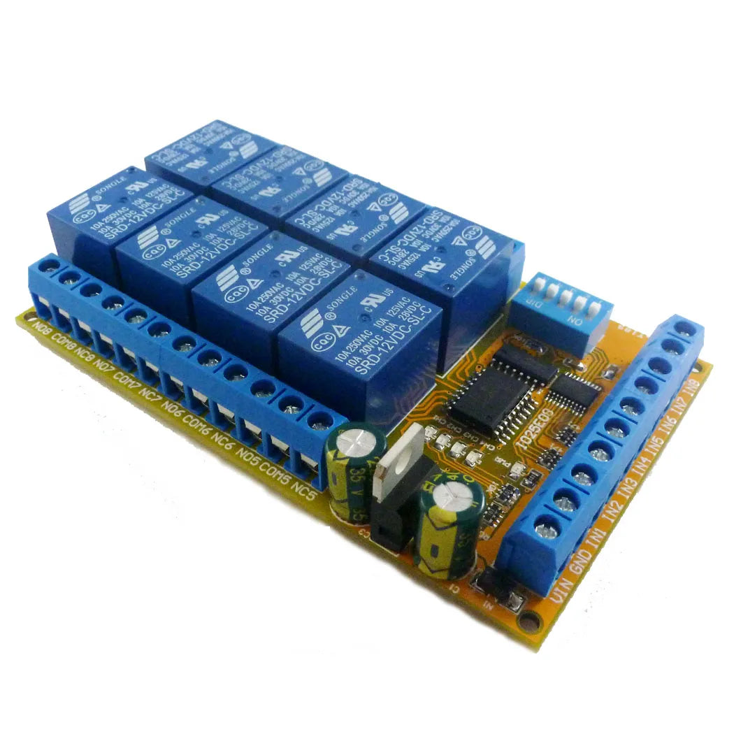 IO25E08 8ch DC 5V 12V 24V DIP Switch Delay Relay Module Flip-Flop Latch Bistable Self-locking Interlock Latch Power Conditioner