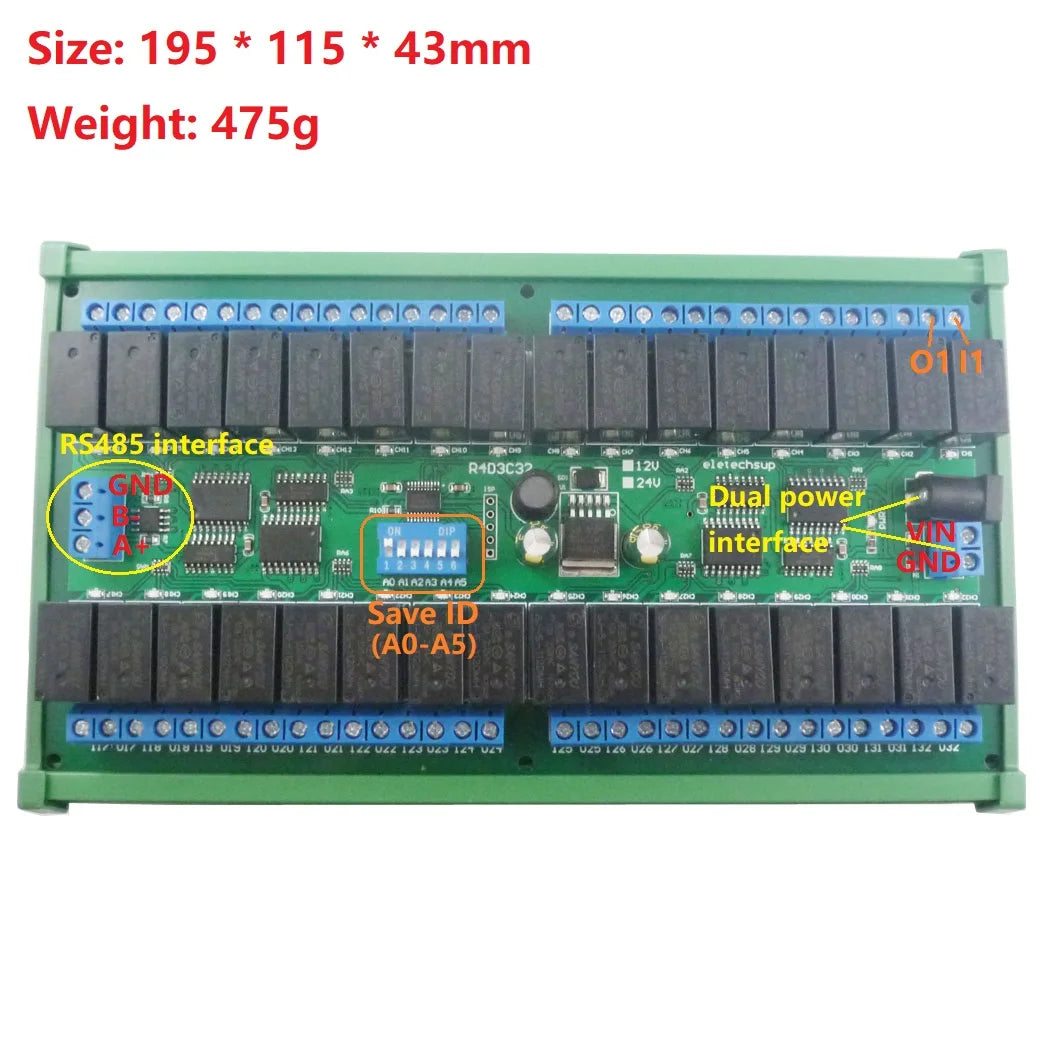 R421C32 DC 12V 24V 32ch Modbus RTU RS485 Relay Switch Board UART Serial port Module DIN Rail Box PLC expanding board
