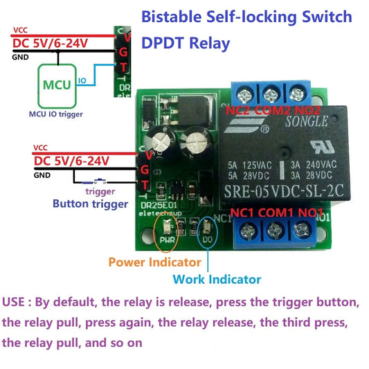 DR25E01 DC 5-24V 3-5A Flip-Flop Latch DPDT Relay Module Bistable Self-locking Double Switch Board for Arduiuo MEGA AVR LED