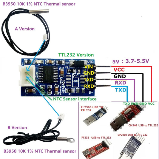 NTA8A01 -20-125 Celsius RS485 TTL RS232 Temperature Sensor Converter Module for 10K 3950 NTC Thermistor Resistor replace DS18B20 PT100