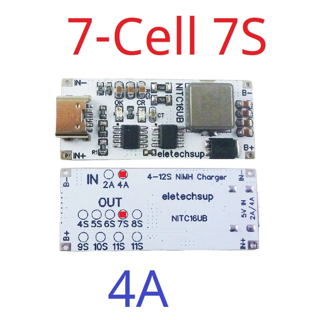 NITC16UB 2A/4A 4-12 Cell NIMH Charger Module TYPE-C DC 5V Boost BMS CC/CV NiCd for 4.8V 6V 7.2V 8.4V 9.6V 10.8V 12V 13.2V 14.4V Battery