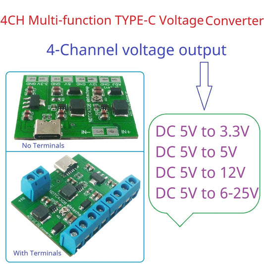 NDTC43QB 4CH 20W 3.3V 5V 12V ADJ TYPE-C Voltage Converter DC-DC Boost LDO Buck Power Supply for Arduino ESP8266 Raspberry pi Breadboard