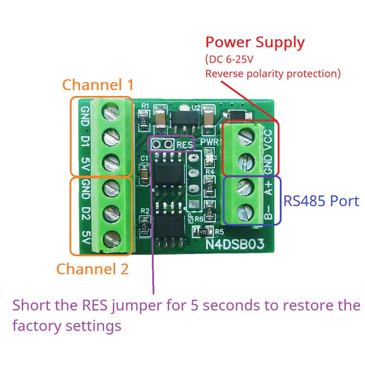N4DSB03 1-2CH RS485 Digital Temperature Collector Module -55 to +125C DS18B20 Sensor DC 5V 12V 24V for Thermostat Smart Home R46CA01
