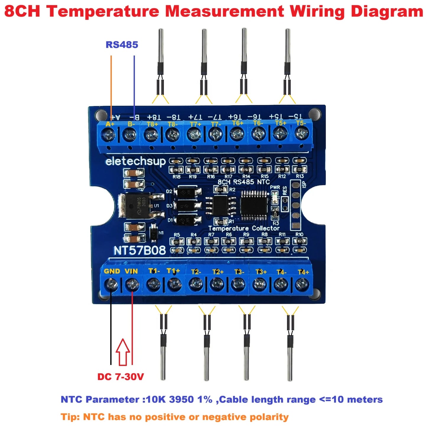 NT57B08 8CH Temperature & Resistance Acquisition Board Modbus RTU RS485 NTC Thermocouple Sensors Paperless Paperless Recorder Controller
