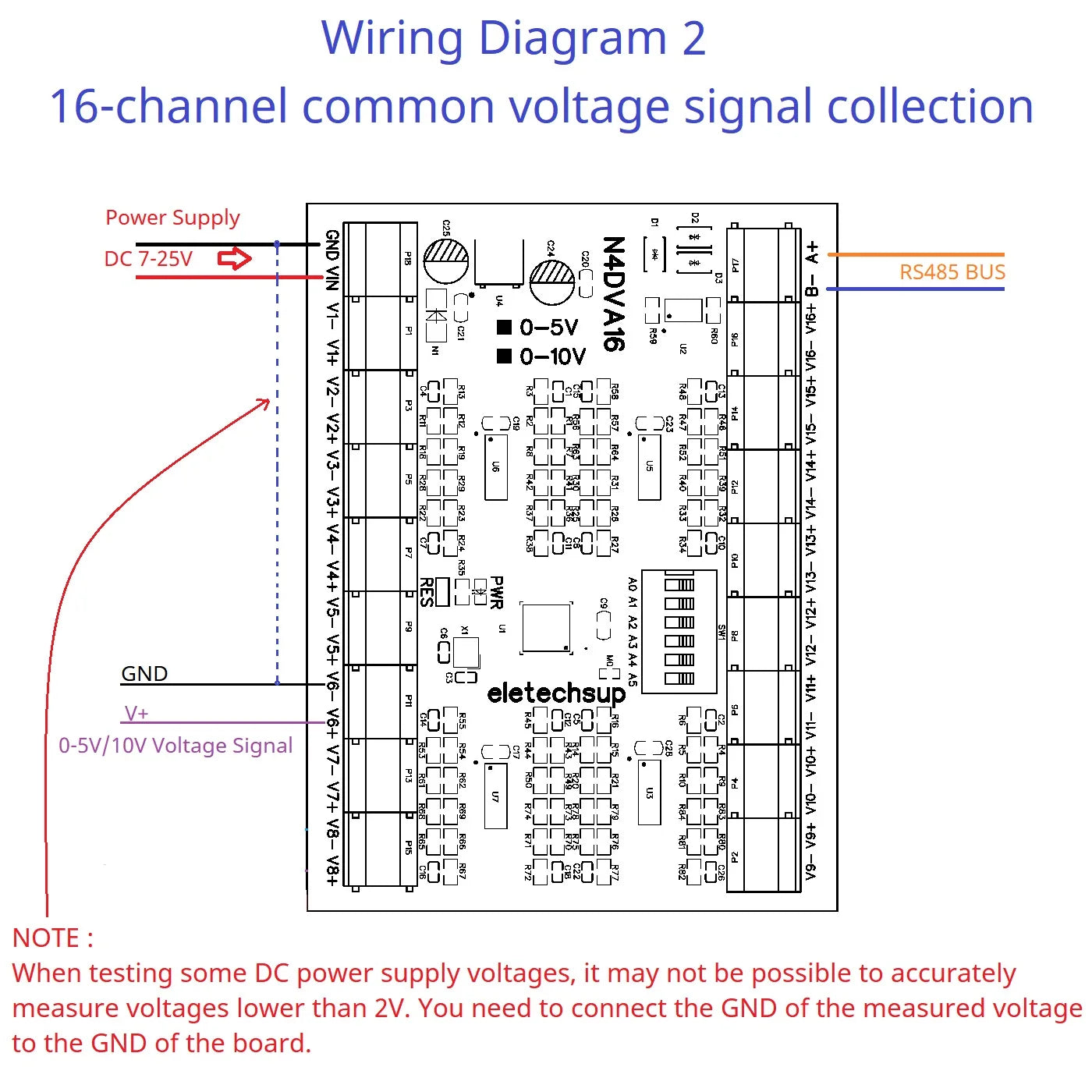 N4DVA16 Modbus 16CH Differential Voltage Collector 0-5V 0-10V RS485 Analog Input Module for LI-ON LI-PO NIMH Lifepo4 Battery Measurement