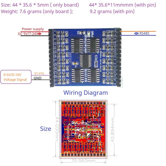 N4VIH16 16AI 0-5V 0-10V 4-20MA 0-20MA Current/Voltage Analog Acquisition RS485 Modbus RTU ADC Module DC 5V 12V 24V mini PinBoard