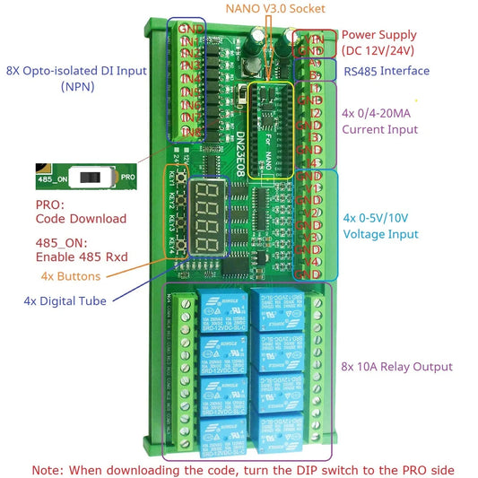 DN24F08 DN23E08 8AI-8DI-8DO Multifunction IO Expanding Module for ARDUINO NANO V3.0 RS485 Modbus RTU Open PLC LED Current Voltage Sensor