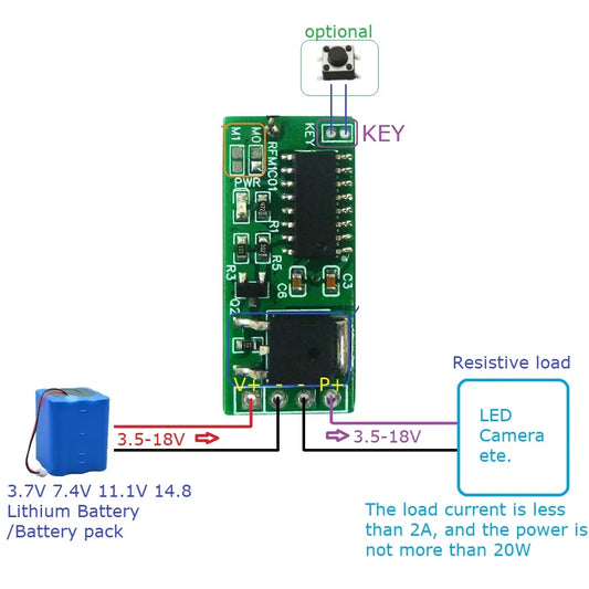 RFM1C01 Mini Wireless Remote Control Switch Board for Low Power Lithium Battery, 3.7V-14.8V 2A Module