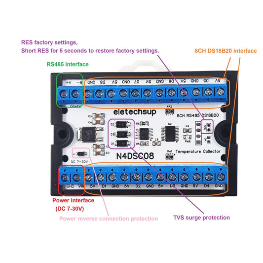 N4DSC08 8CH RS485 DS18B20 Sensor Temperature Collector Modbus Remote IO Module for PLC Paperless Recorder Thermostatic Controls