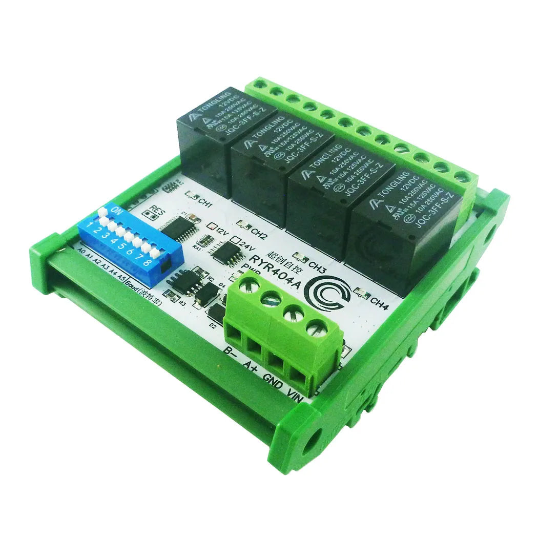 RYR404A 4CH DC 12V 24V Modbus RTU RS485 DO Relay Module DIP Switch Setting Parameters With DIN BOX