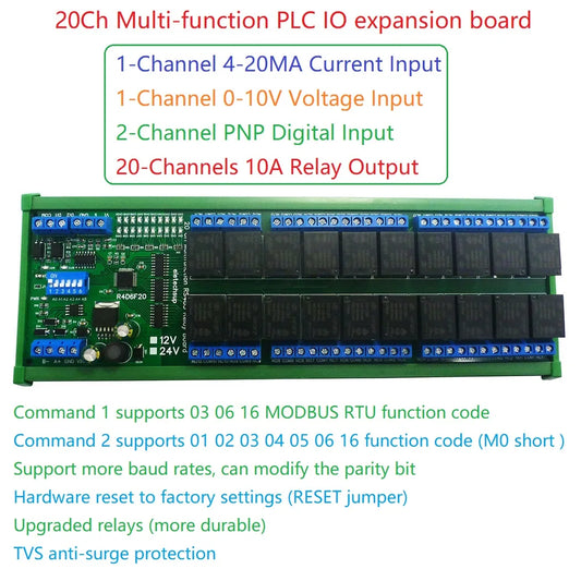 R4D6F20 Smart 20-Channel RS485 Relay Board with PLC IO Module Modbus for Multifunction Control